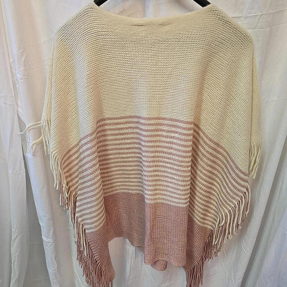 Lauren Conrad Knit Poncho Pullover Shawl Sweater‎ Ivory Rose Pink With Fringe OS - Picture 12 of 12